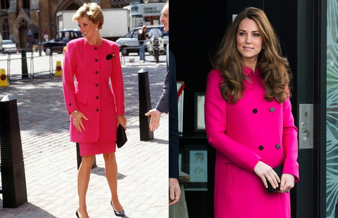 Пальто цвета фуксии.  Слева: принцесса Диана в Вестминстере, Лондон. Справа: герцогиня Кембриджская в Центре Стивена Лоуренса в Лондоне, 27 марта 2015 год