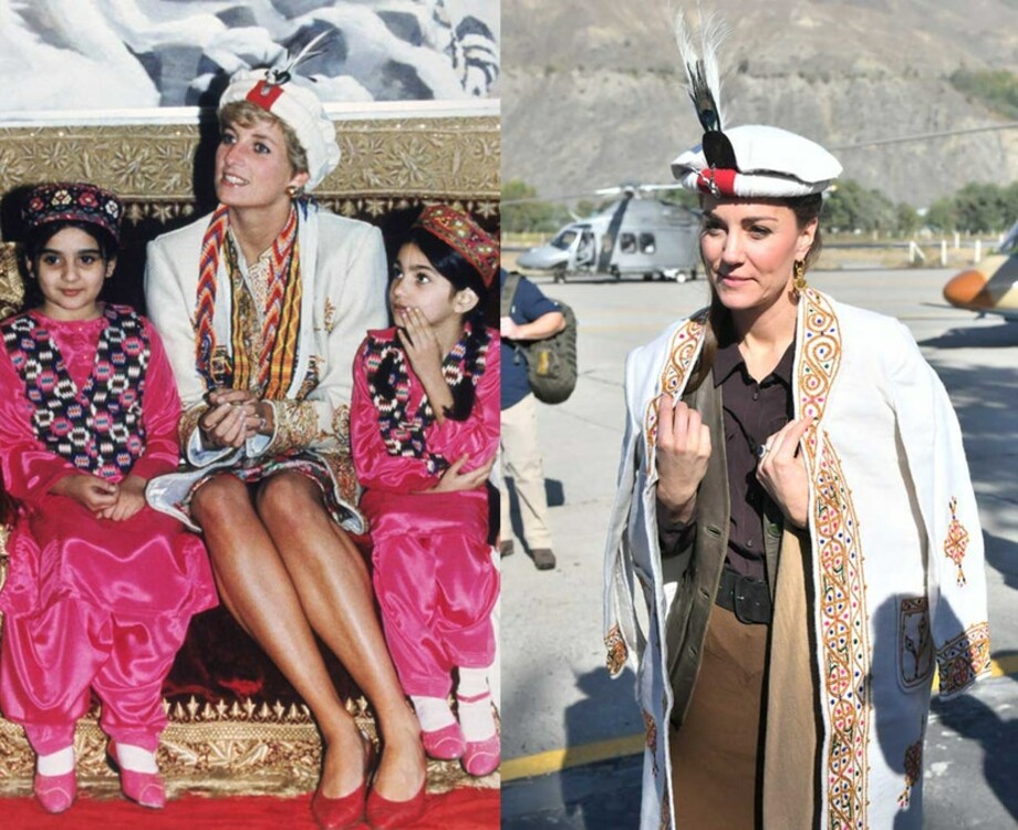 Читрали - традиционная пакистанская шляпа. Слева: принцесса Диана во время визита в Читрал в сентябре 1991 года. Справа: Кейт Миддлтон во время визита в Читрал в октябре 2019 года