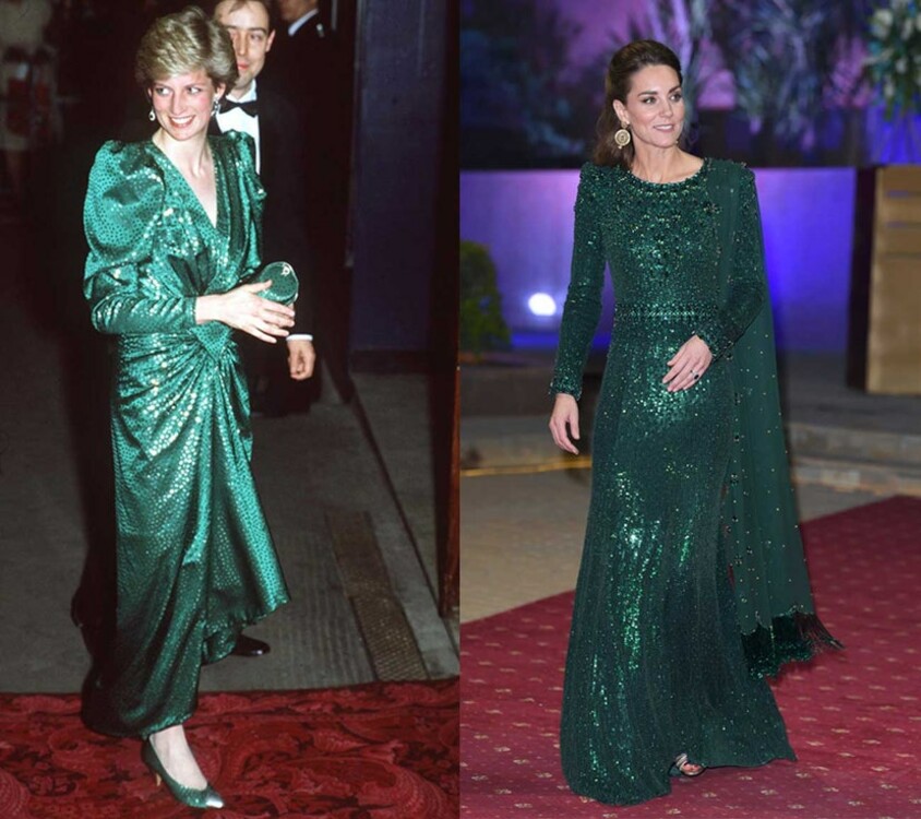 Блестящее изумрудное платье. Слева: Леди Ди на благотворительном спектакле в театре Victoria Palace в 1987 году. Справа: герцогиня Кембриджская на специальном приеме, организованном Верховным комиссаром Великобритании в Пакистане, октябрь 2019 год