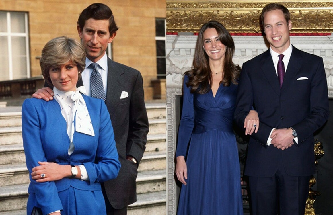 Обручальное кольцо с сапфиром и бриллиантами. Слева: принцесса Диана и принц Чарльз во время объявления о помолвке. Справа: Кейт Миддлтон и принц Уильям во время объявления о помолвке в Лондоне, 16 ноября 2010 год.