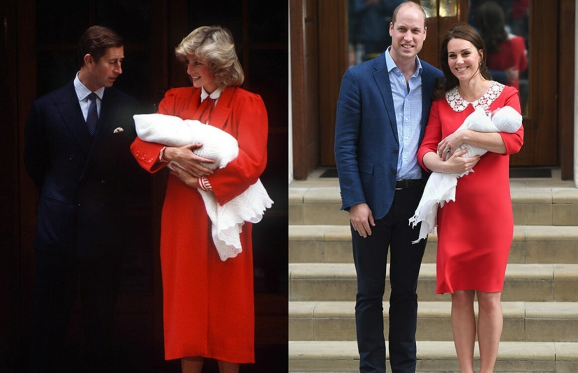 Красное платье на выписке из больницы. Слева: принцесса Диана и принц Чарльз в лондонской больнице Святой Марии после рождения принца Гарри в сентябре 1984 года. Справа: Кейт Миддлтон и принц Уильям в лондонской больнице Святой Марии, 23 апреля 2018 год