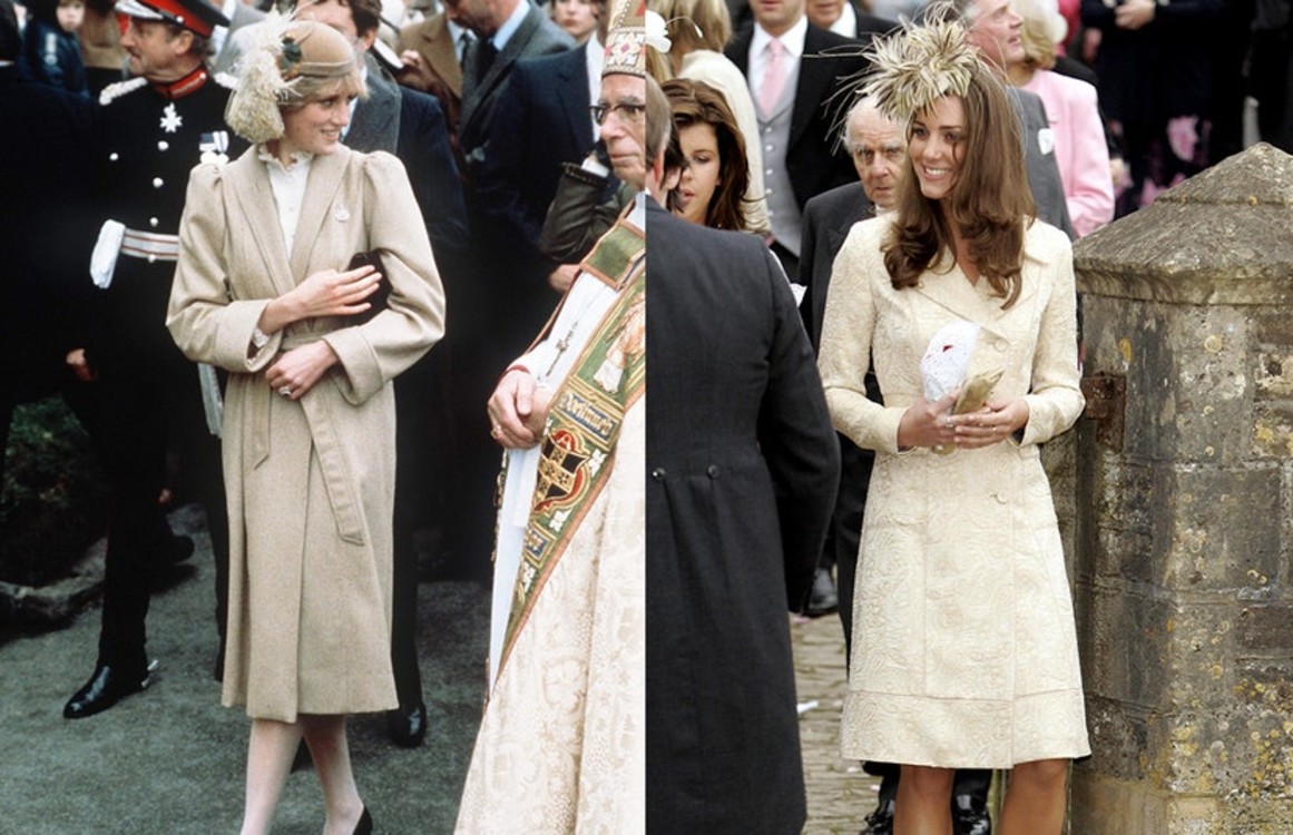 Total-nude. Слева: принцесса Диана в Кармартене во время ее первого визита в Уэльс. Справа: Кейт Миддлтон на свадьбе Лоры Паркер Боулз и Гарри Лопеса в Лакоке, Уилтшир