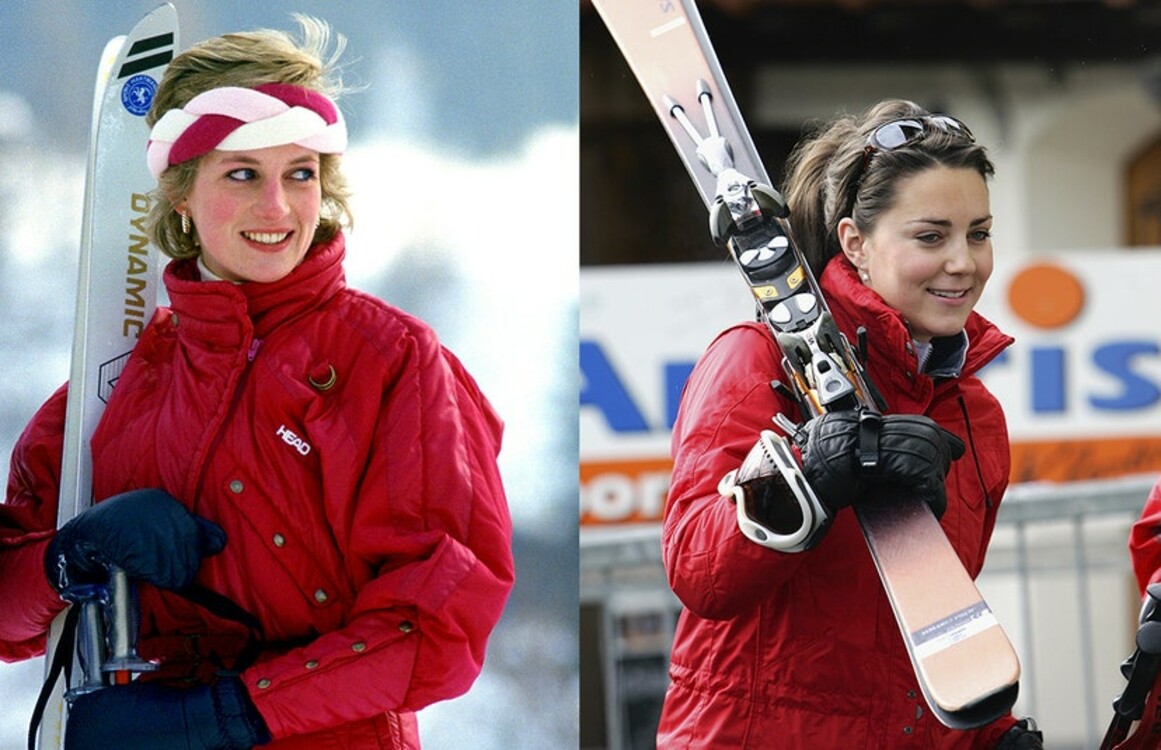 Красный горнолыжный костюм. Слева: принцесса Диана в Клостерсе, Швейцария. Справа: Кейт Миддлтон в Клостерсе, Швейцария, март 2005 год