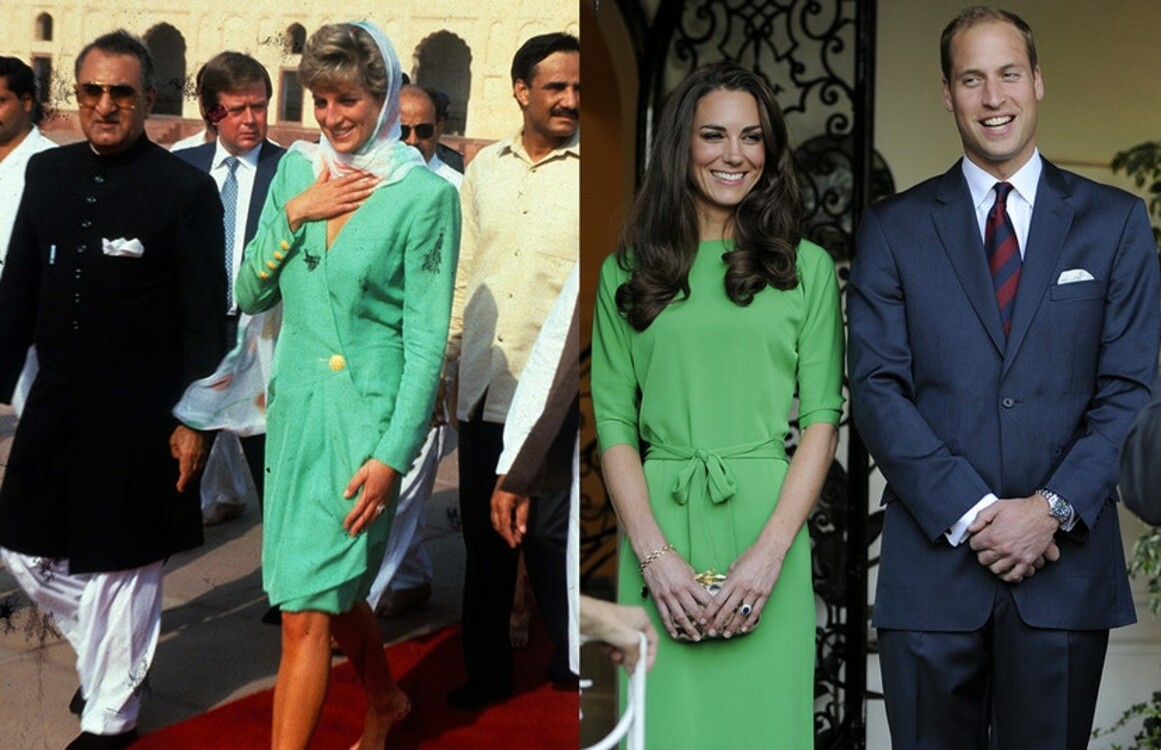 Total-green. Слева: принцесса Диана в мечети Бадшай в Лахоре, 25 сентября 1991 год. Справа: герцогиня Кембриджская и принц Уильям в резиденции Генерального консула Великобритании в Лос-Анджелесе, июль 2011 год