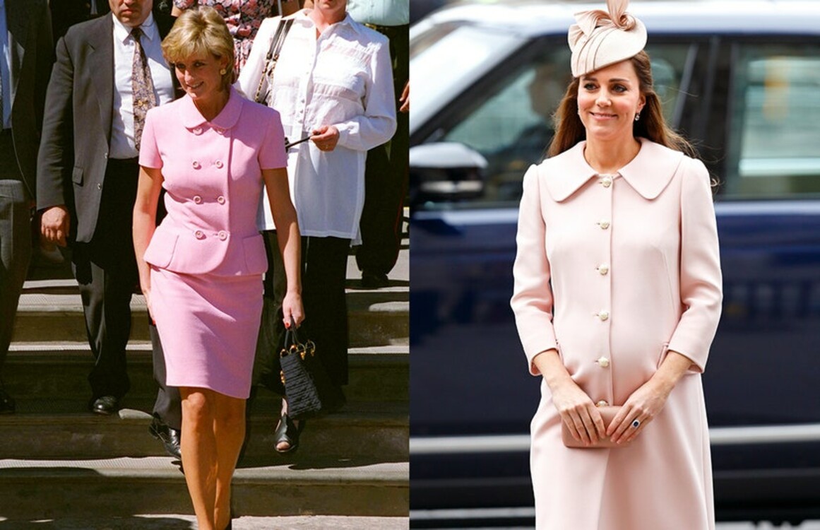 Пальто нежно-розового цвета. Слева: принцесса Диана в розовом костюме. Справа: герцогиня Кембриджская на Службе надзора Содружества в Вестминстерском аббатстве в Лондоне, 9 марта 2015 год.