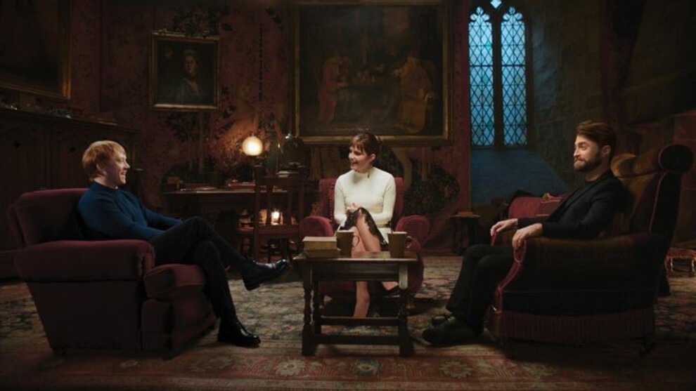 Руперт Гринт, Эмма Уотсон и Дэниел Рэдклифф в выпуске «Гарри Поттер, 20-летие: Возвращение в Хогвартс»
