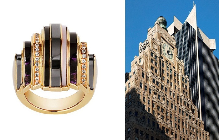 Кольцо Paris Nouvelle Vague, розовое золото, белые бриллианты, гематиты, аметисты, дымчатый кварц, розовые опалы, Cartier; небоскребы, Нью-Йорк